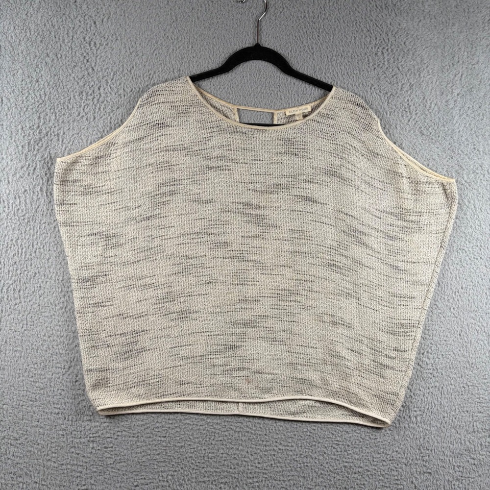 Eileen Fisher XS Oatmeal Space Dye Boxy Knit Top Silk Trim Keyhole Back Cotton